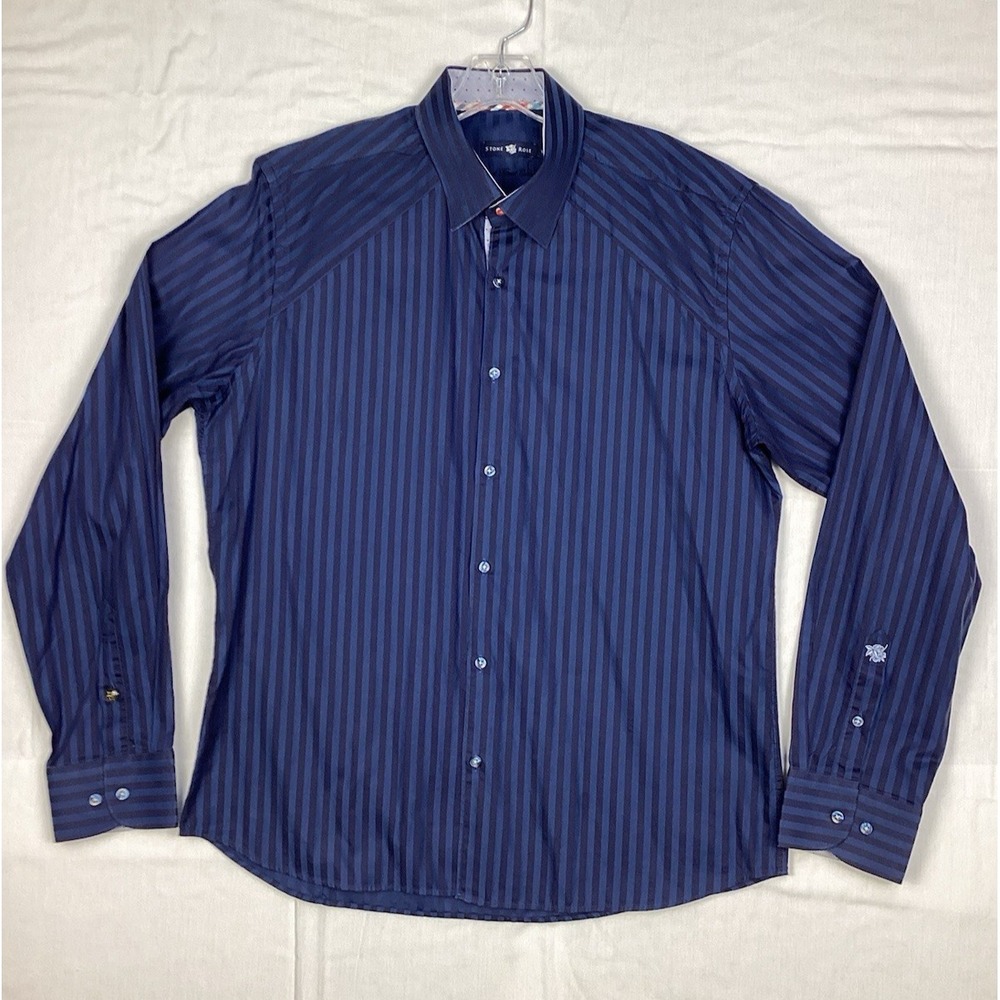 Stone Rose Black Rivet Collection Shirt Men's Size XL Navy Striped‎